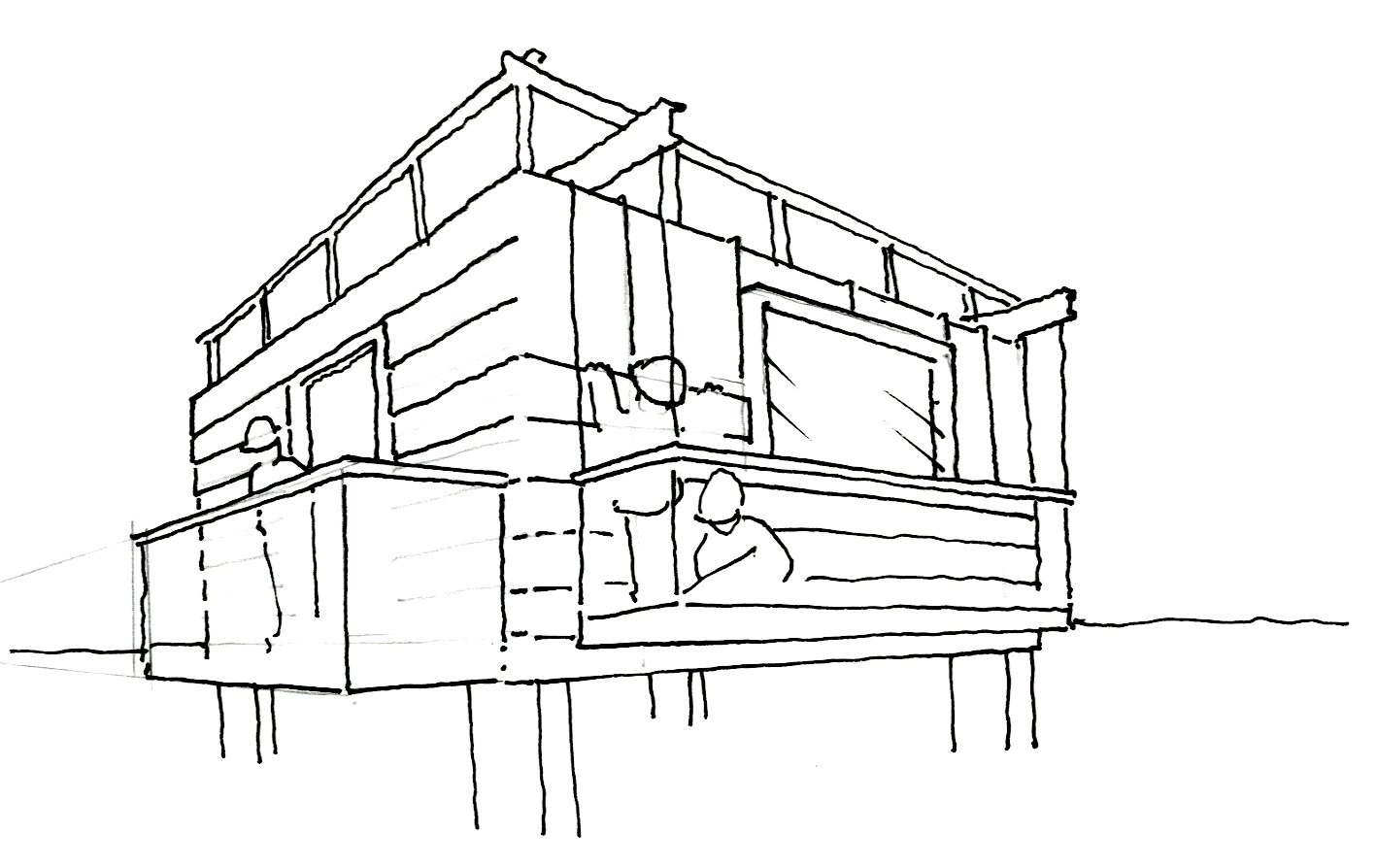 Sketch showing how participants on a construction training course about facades would work on a full-scale mock up of a section of facade. Sketch by Ben Godber. Constructivist is developing these ideas for Constructionarium