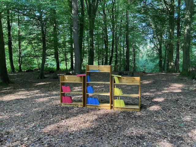 Three bookcases in a woodland, used to illustrate a post about our regenerative design reading list.