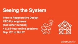 Orange graphic with white linework showing the structure of a house and a lightbulb to illustrate having creative ideas about building