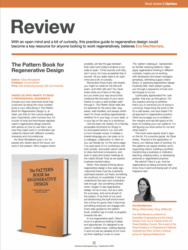 Screen shot of a book review in the Structural Engineer ,with an image of the Pattern Book for Regeernative Design on the bottom left and a by-line of the reviewer Eva MacNamara on the bottom right